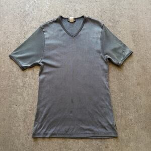 Men's Vintage 90's YMLA Silver Black Stretch Shinny Ribbed V-Neck Tee Shirt Sz L